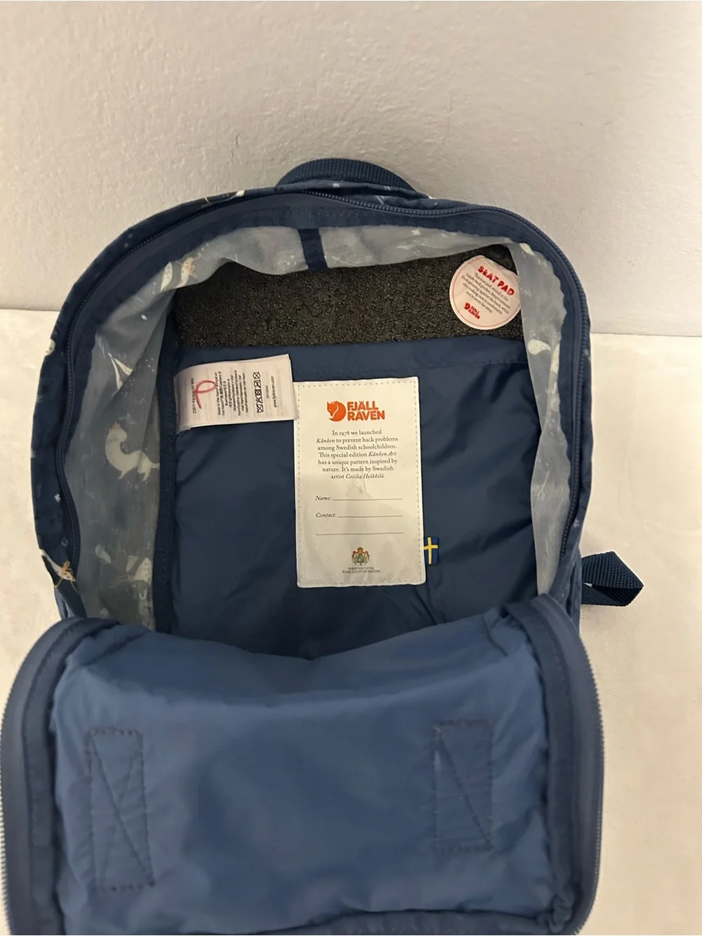 Fjallraven Kanken Kids Mini Backpack in Navy with Bird Print